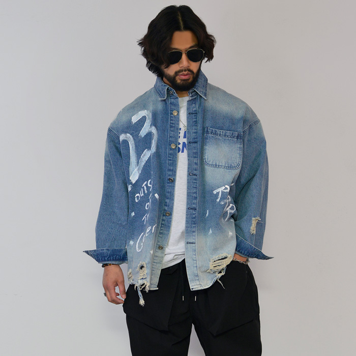 Vintage Damage Lettering Denim Shirt-Jacket 683