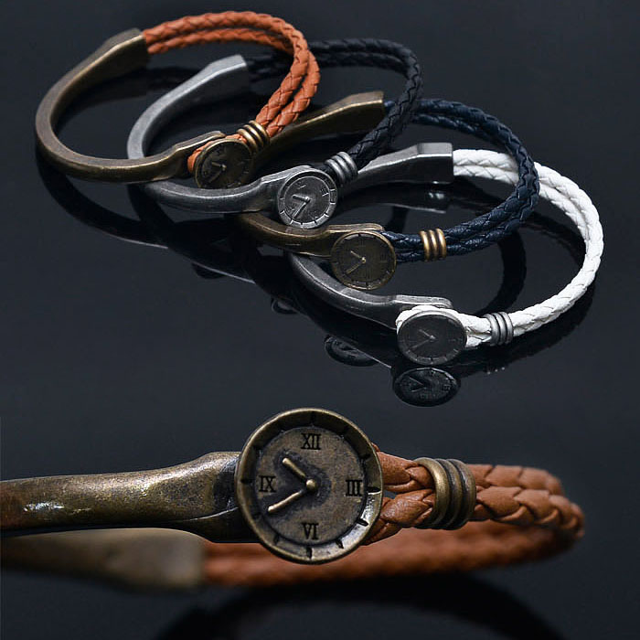 Antique Watch Charm Braided Leather Cuff-Bracelet 197