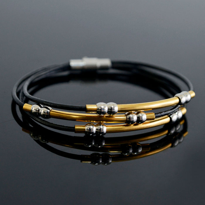 Triple Coil Lux Gold Charm Leather Cuff-Bracelet 214