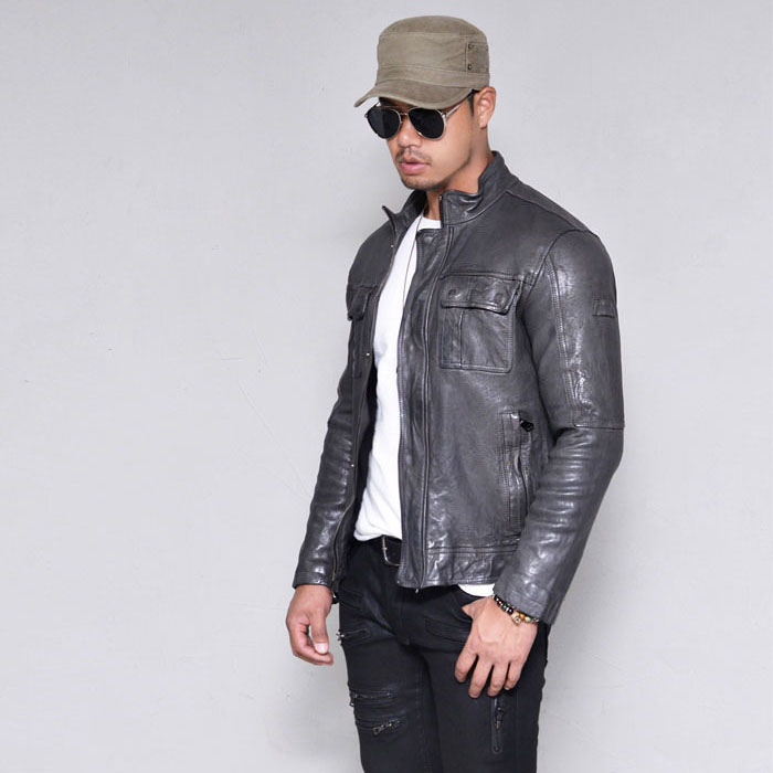 Outerwear :: Leather Jackets :: Pocket Lambskin Gray Biker-Leather 138