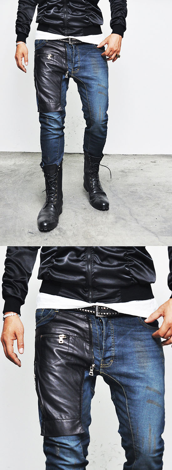 Mens Zipper Leather Patch Slim Baggy Biker-Jeans 157 | Fast Fashion ...