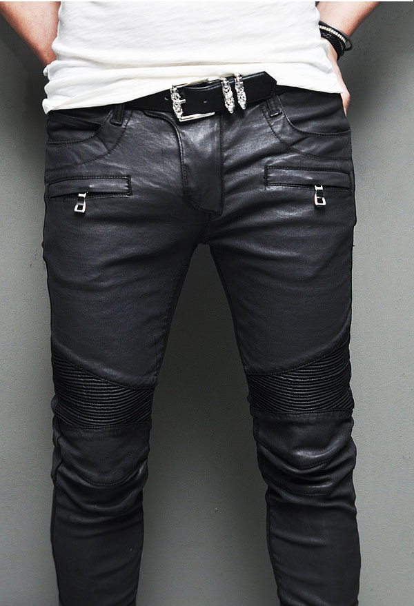 Best Ever Design Mens Wax Coated Faux Leather Seaming Skinny Biker ...