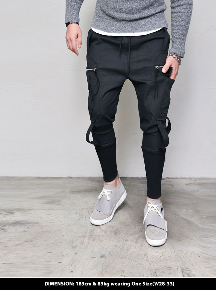 Edge Mens Black Twirl Strap Slim Zipper Cargo Baggy Pants Sweatpants By ...