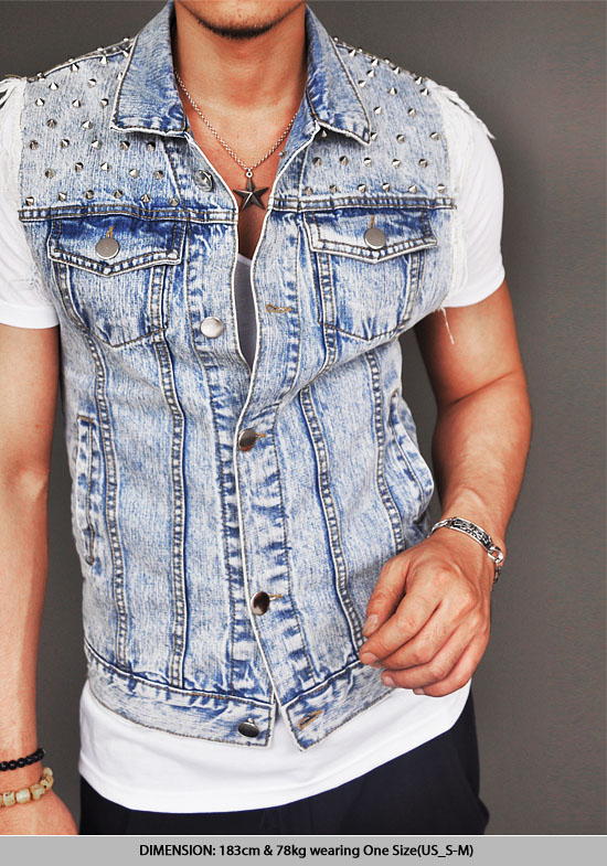 BADASS STREET EDGE MENS FUNKY STUD SLIM LIGHT BLUE DENIM CUT OFF VEST